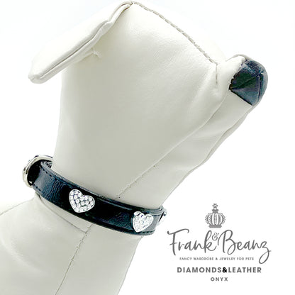 Diamond Hearts Black Faux Leather Pet Collar for Small Medium Dogs