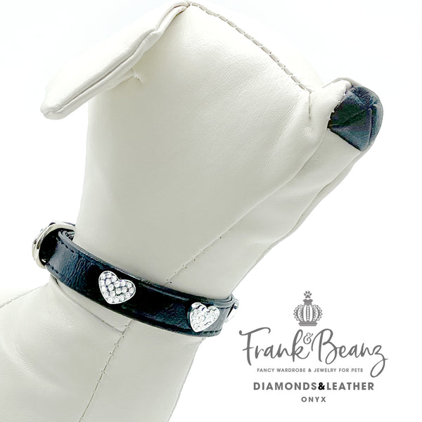 Diamond Hearts & Black Faux Leather Pet Collar for Small Dogs Medium Dogs