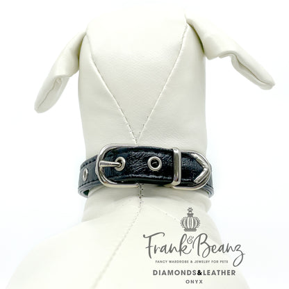 Diamond Hearts Black Faux Leather Pet Collar for Small Medium Dogs