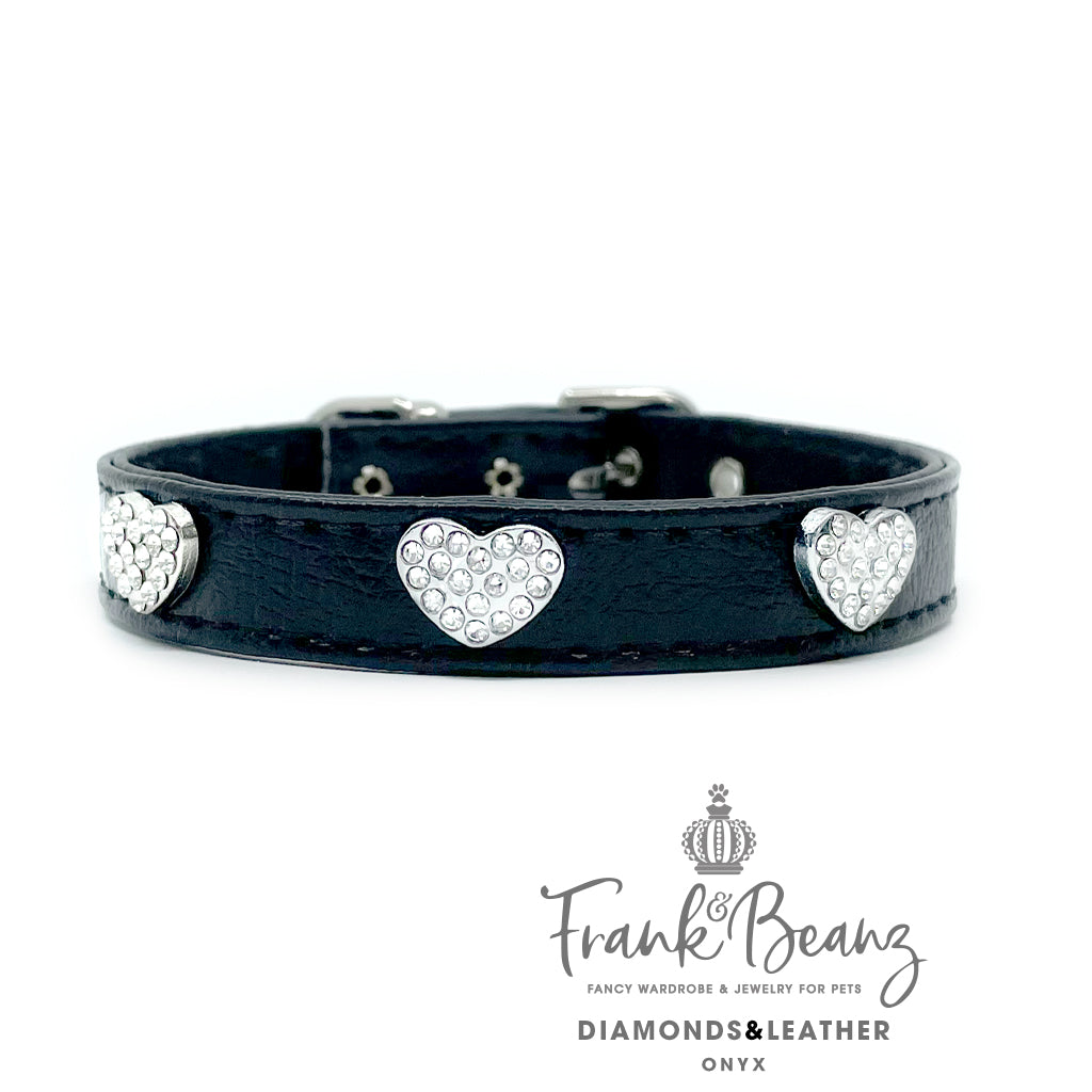 Diamond Hearts Black Faux Leather Pet Collar for Small Medium Dogs