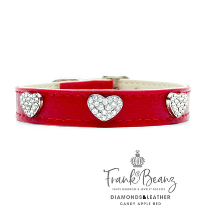 Diamond Hearts Cherry Red Faux Leather Dog Collar for Small Medium Dogs