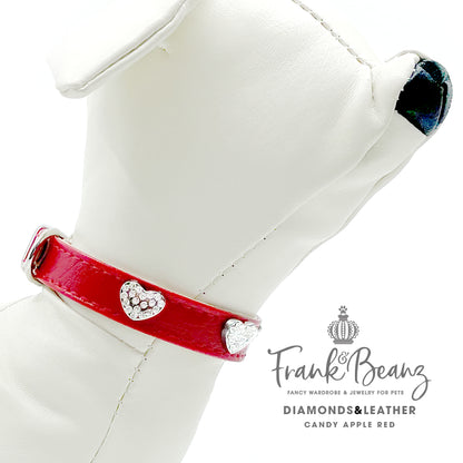 Diamond Hearts Cherry Red Faux Leather Dog Collar for Small Medium Dogs