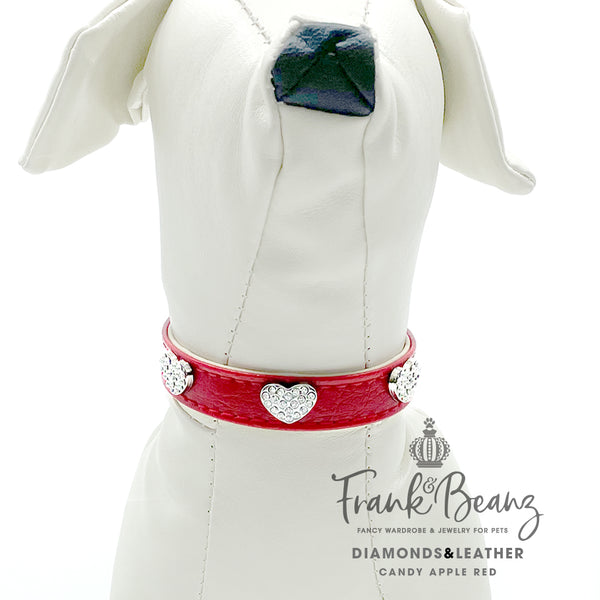 Diamond Hearts & Cherry Vegan Leather Pet Collar for Small Dogs Medium Dogs