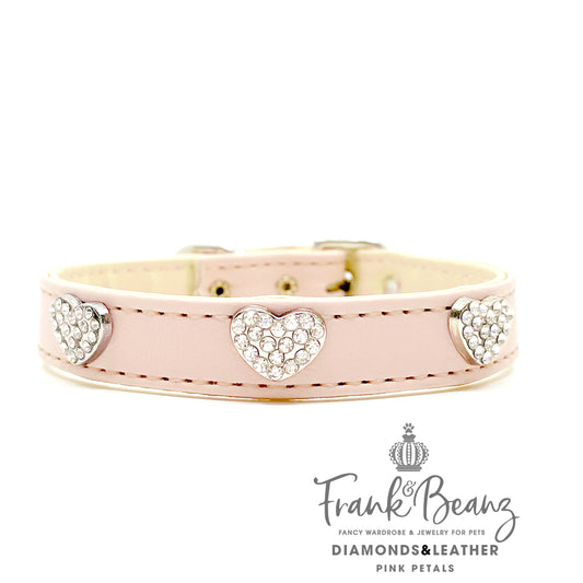 Diamond Hearts Pink Faux Leather Dog Collar