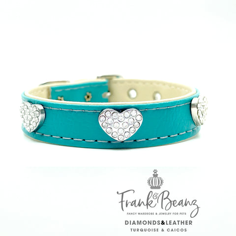 Diamond Hearts & Turquoise Leather Pet Collar for Small Dogs Medium Dogs