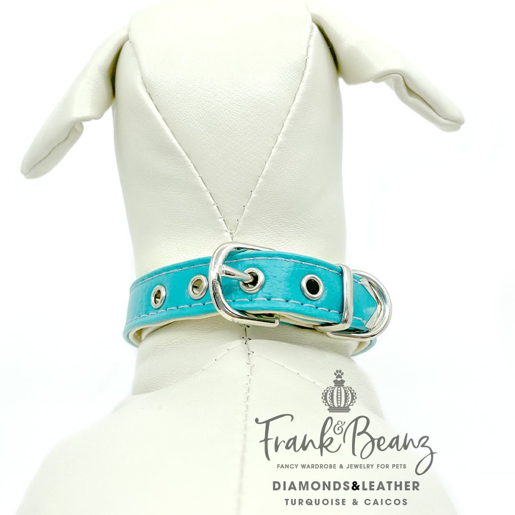 Diamond Hearts Turquoise Faux Leather Dog Collar