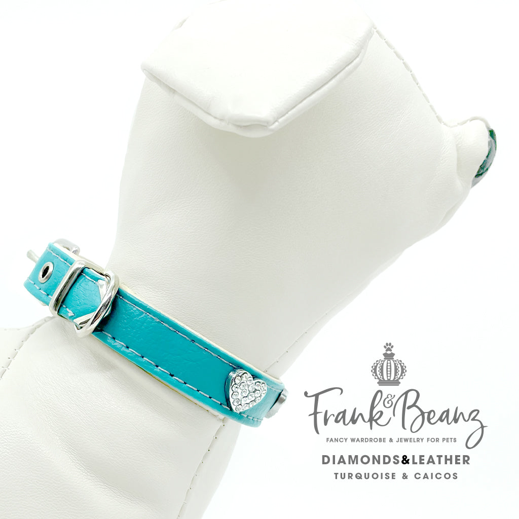 Diamond Hearts Turquoise Faux Leather Dog Collar