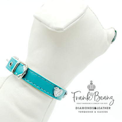Diamond Hearts Turquoise Faux Leather Dog Collar