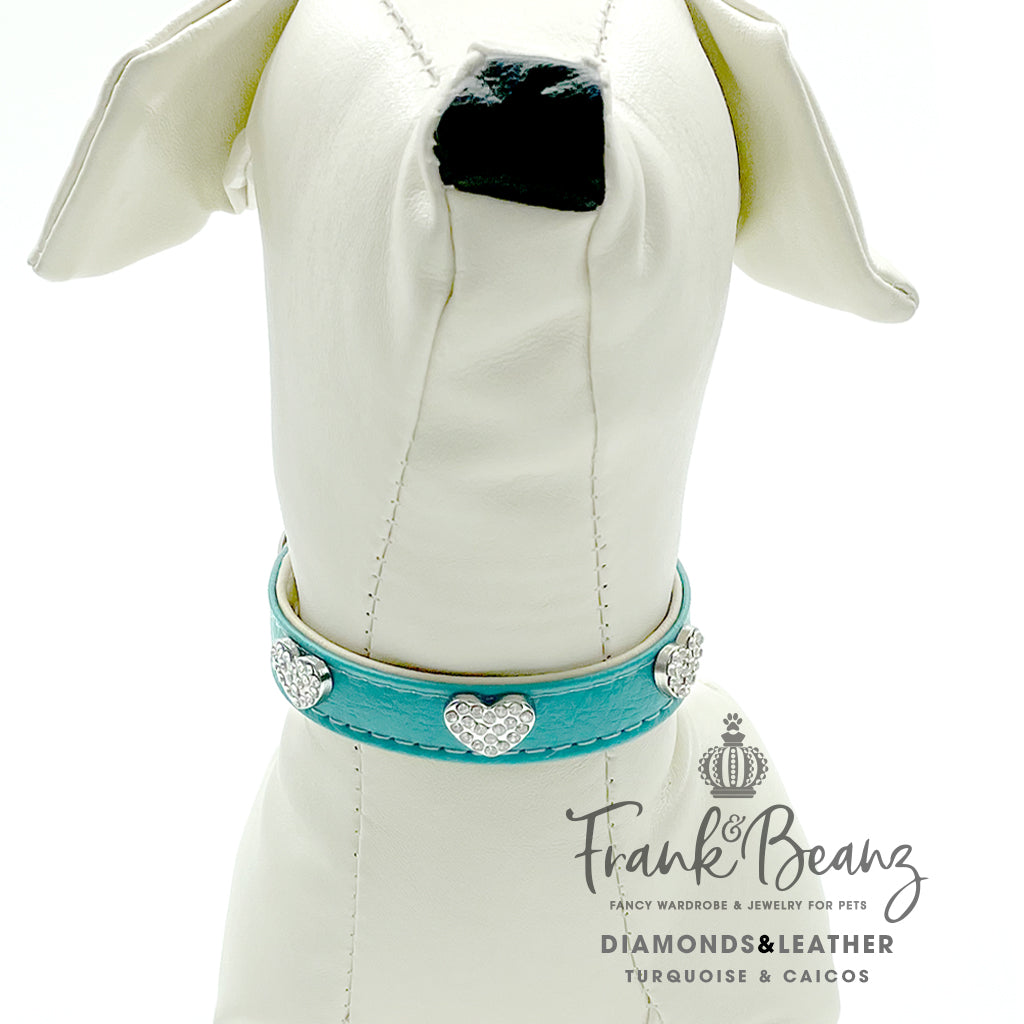 Diamond Hearts Turquoise Faux Leather Dog Collar