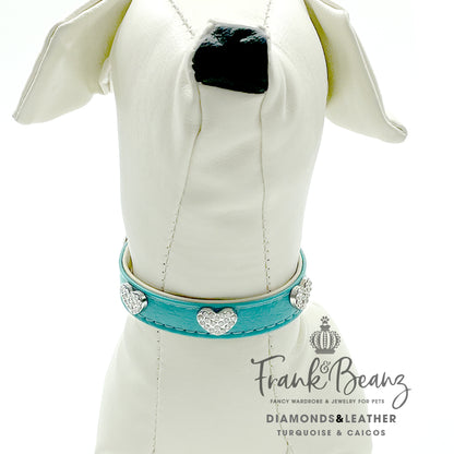 Diamond Hearts Turquoise Faux Leather Dog Collar