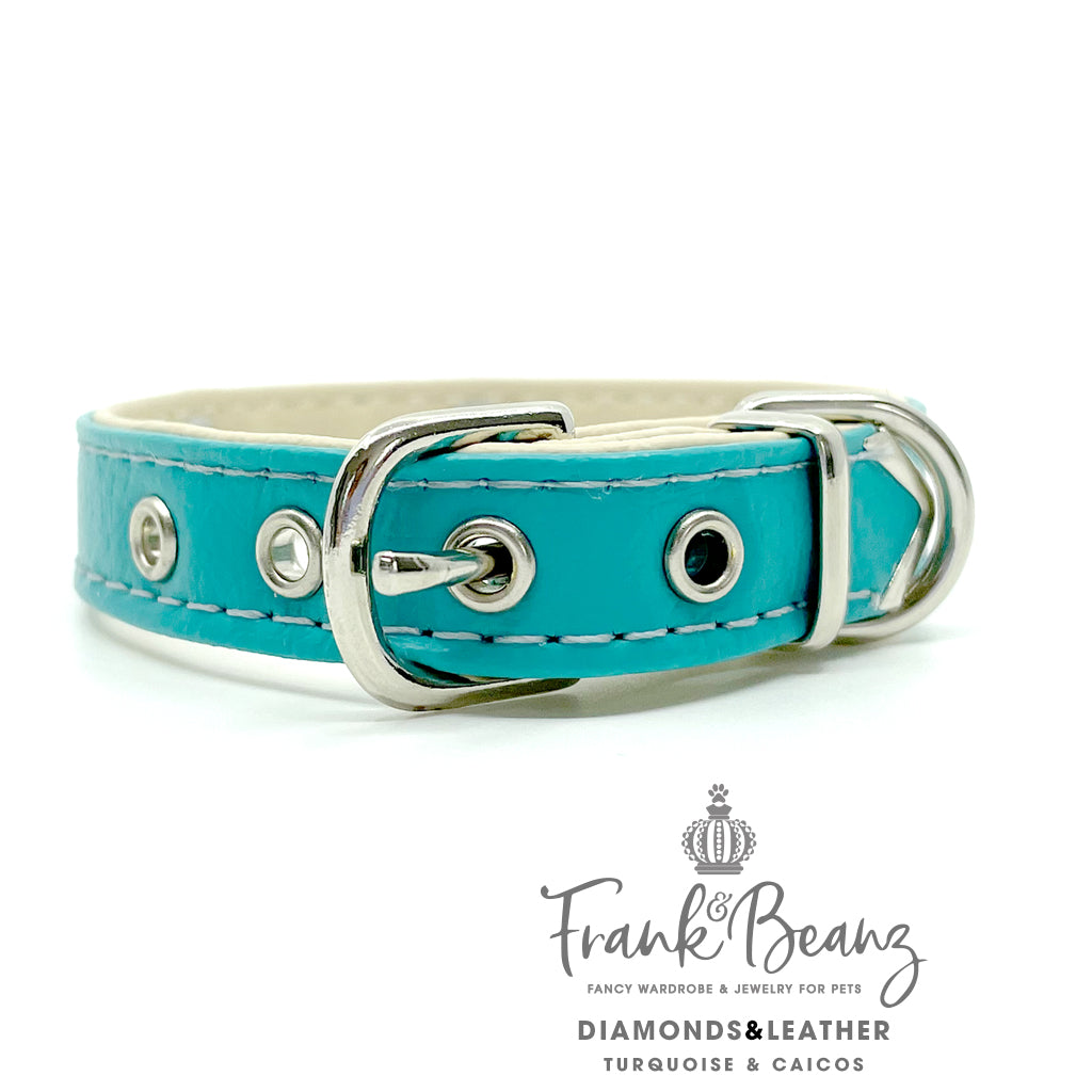 Diamond Hearts Turquoise Faux Leather Dog Collar