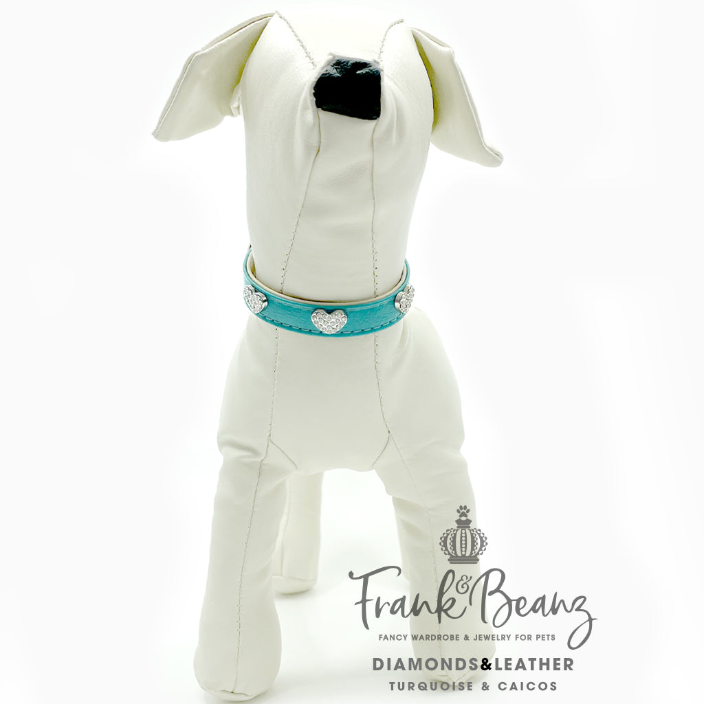 Diamond Hearts Turquoise Faux Leather Dog Collar