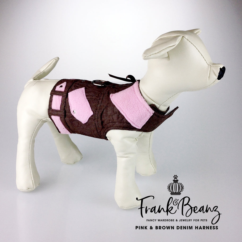 Betsy Pink & Brown Denim Dog Jacket Dog Harness