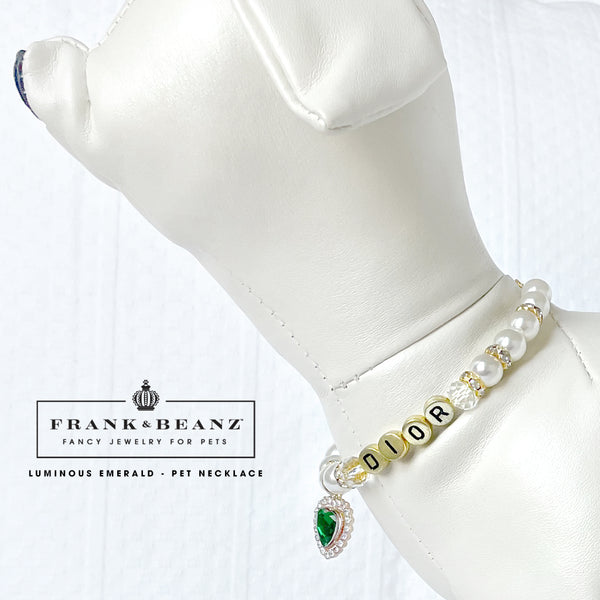 Luminous Emerald Pearl Pet Necklace Rhinestone Heart Luxury Pet Jewelry