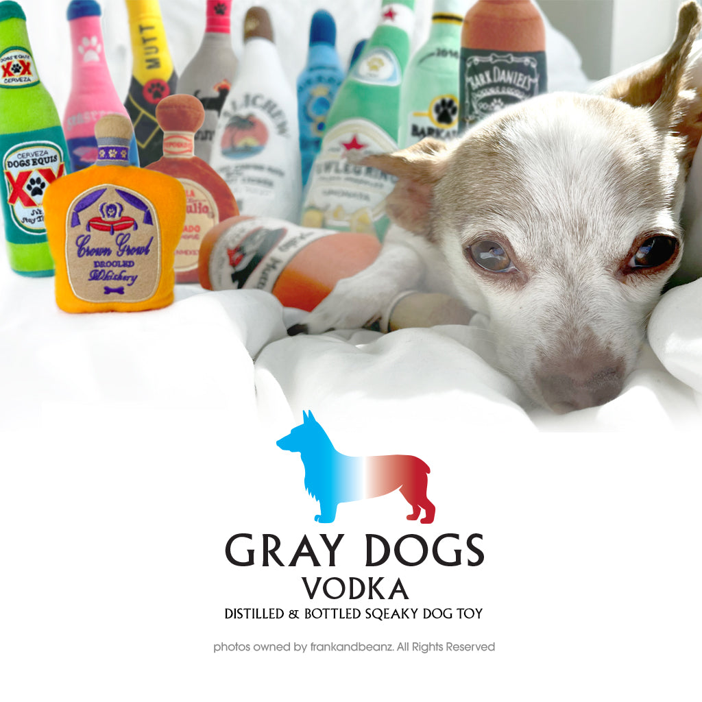 Gray Dogs Vodka Cocktail Bottle Squeaky Plush Dog Toy