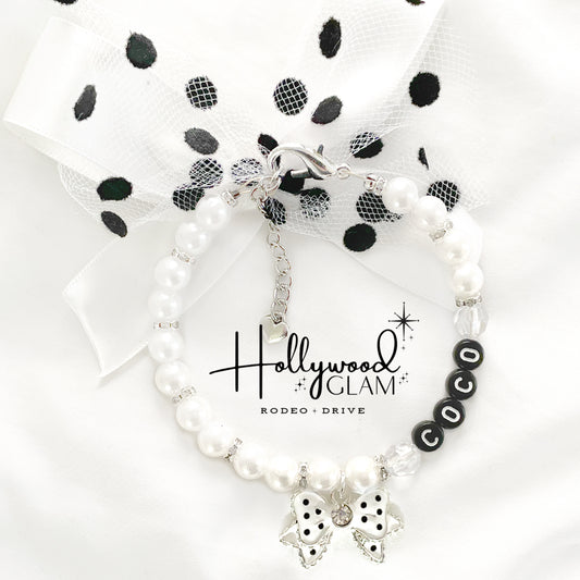 Hollywood Glam Pearl Dog Necklace with Polka Dot Bow - Rodeo Drive