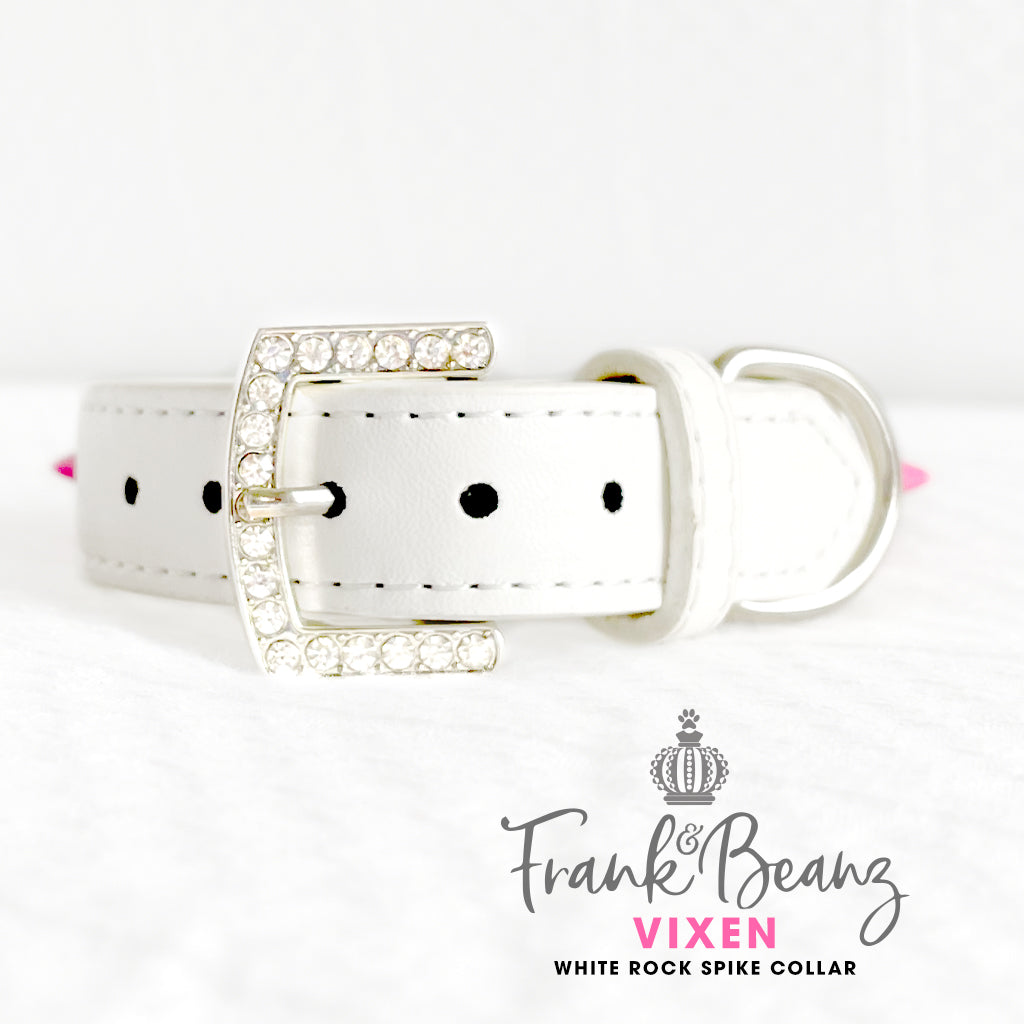 Vixen Punk'd Out Rock Out Spiked Dog Collar White Faux Leather Diamond