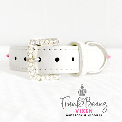 Vixen Punk'd Out Rock Out Spiked Dog Collar White Faux Leather Diamond