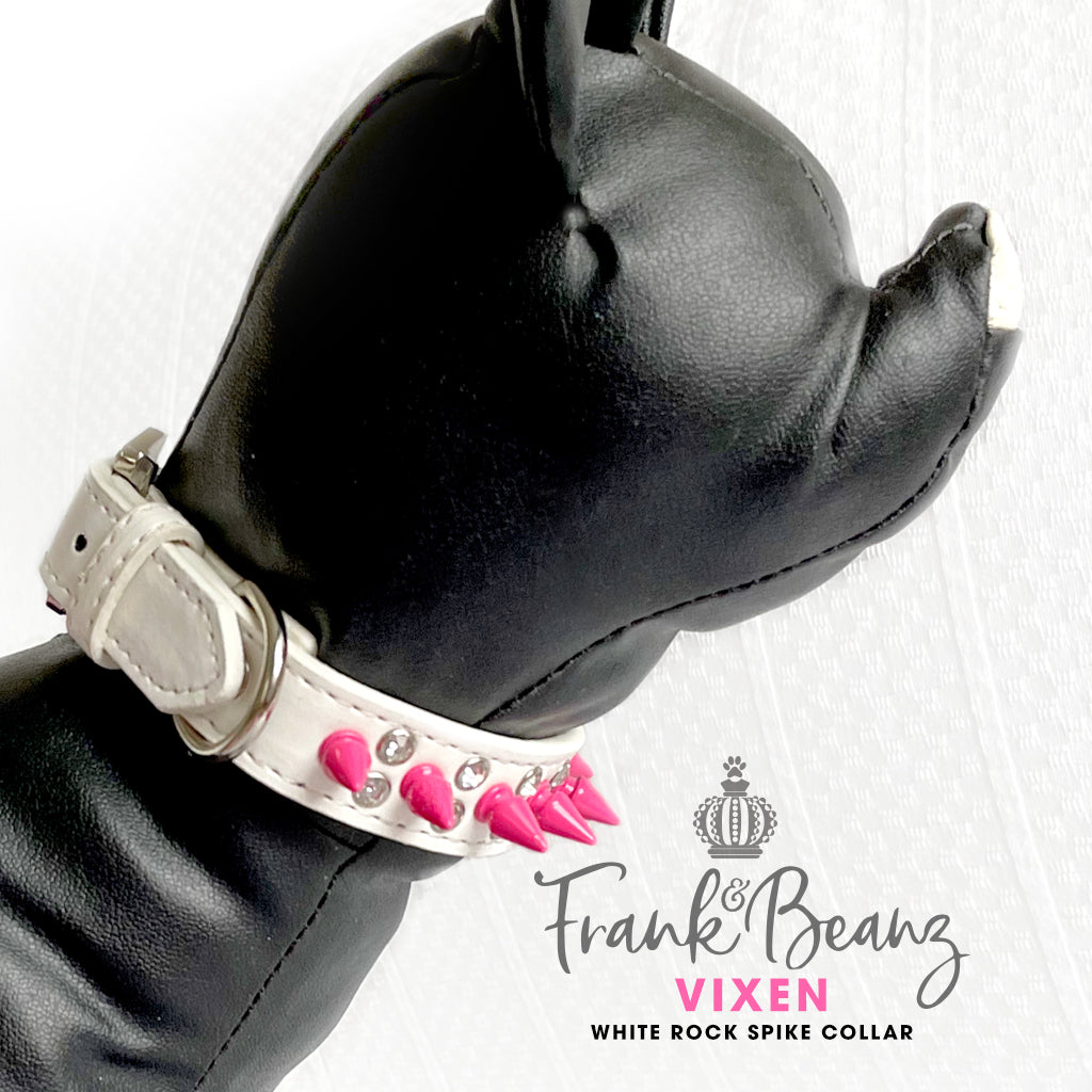 Vixen Punk'd Out Rock Out Spiked Dog Collar White Faux Leather Diamond