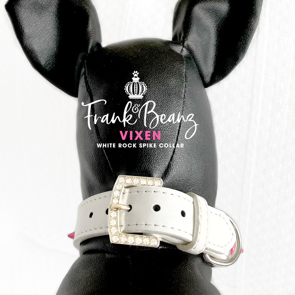 Vixen Punk'd Out Rock Out Spiked Dog Collar White Faux Leather Diamond